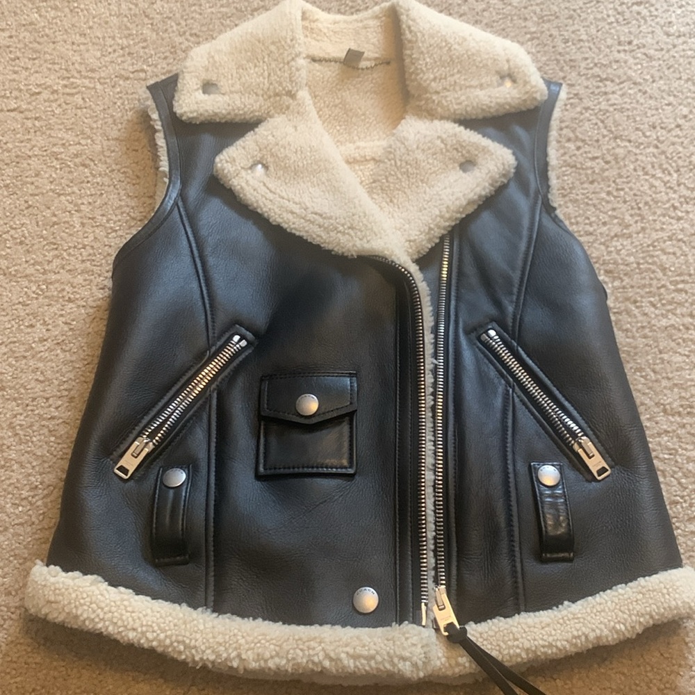 Coach 1941 Shearling Moto Vest cream black leather biker zippers 0